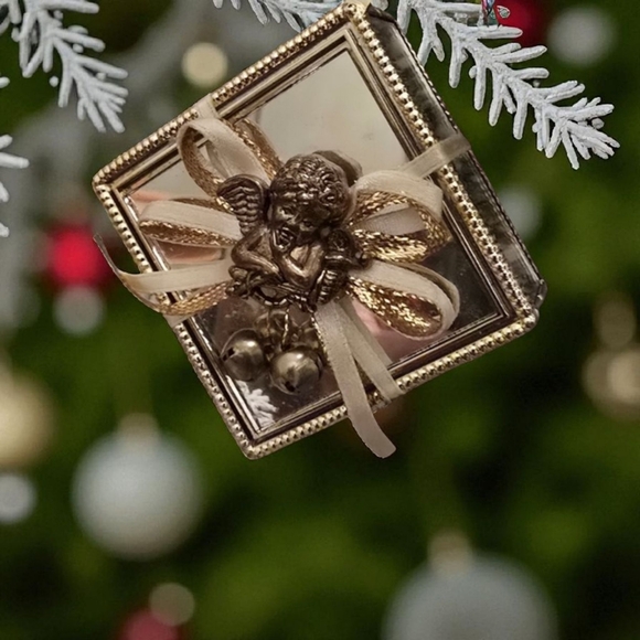 Vintage Other - Vintage Cherub Gold Trim Mirror Box Ornament – Christmas Hanging Décor EUC